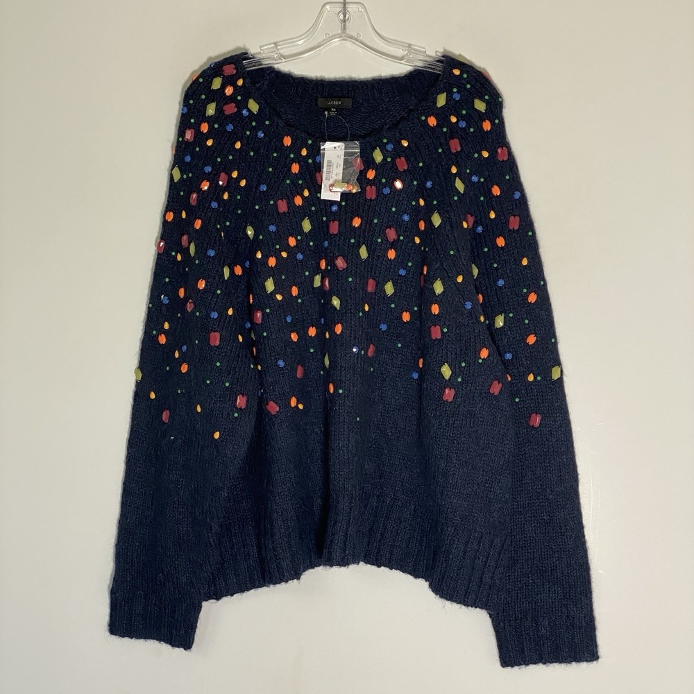 J Crew Embellished Sweater Womens 3X Navy Jeweled Alpaca Blend Crewneck Holiday